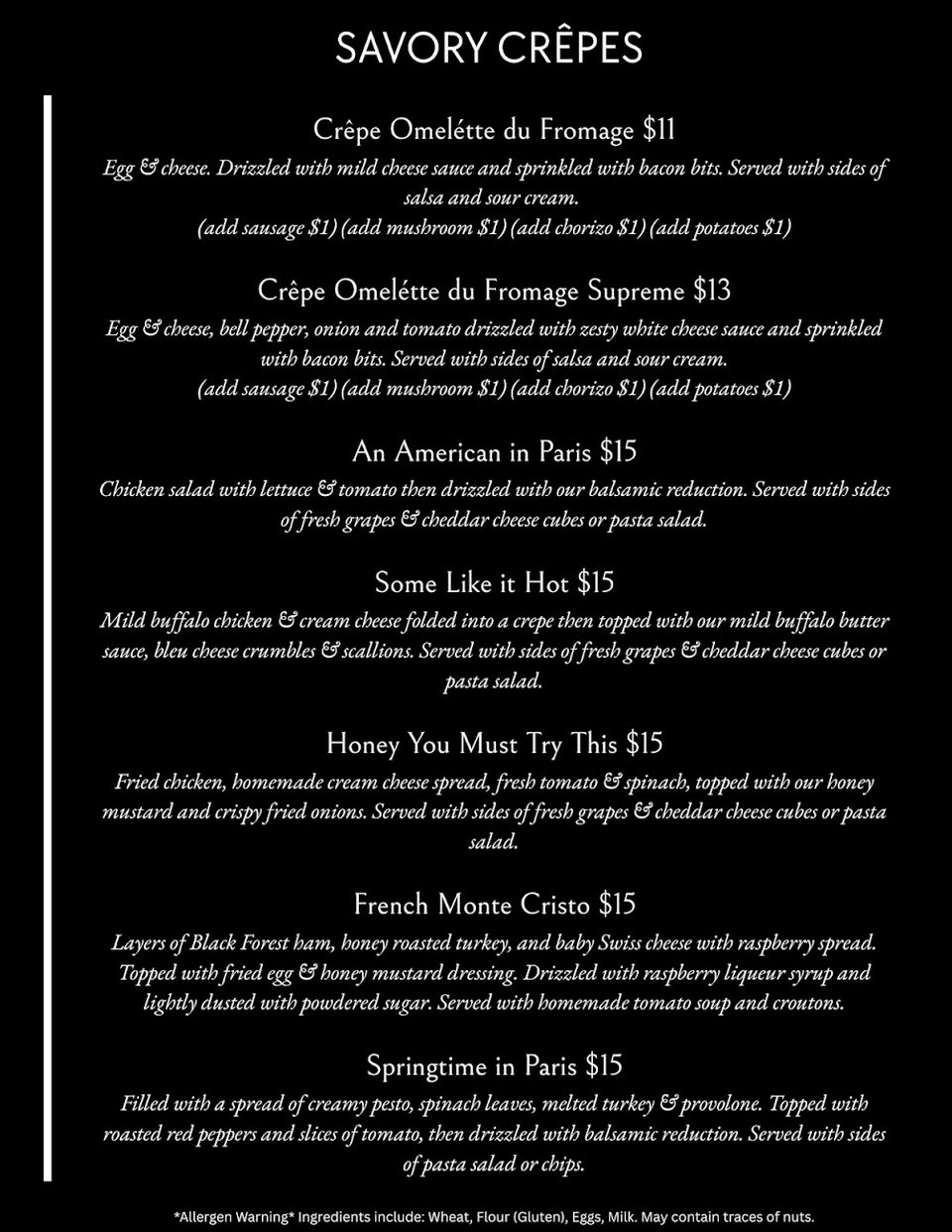 Coffee and espresso drinks listed on a menu.