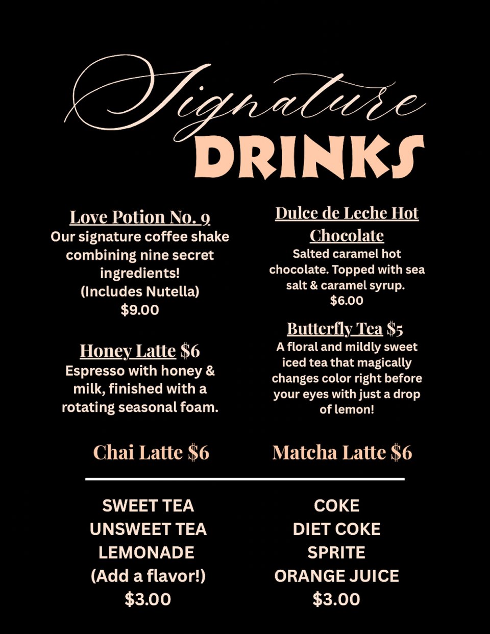 Menu page for coffee, espresso, and crêpes.